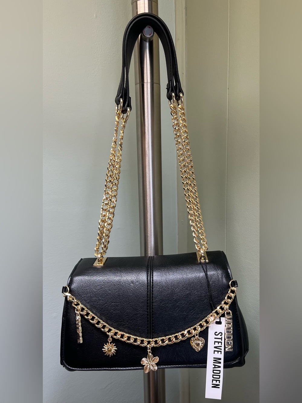 Steve Madden Black Shoulder Bag with Gold Chain Charms
